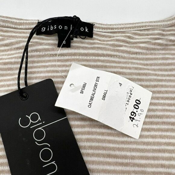 Gibson Look Oatmeal Ivory Striped Knotted Front 3/4 Sleeve Small NWT - Picture 4 of 5